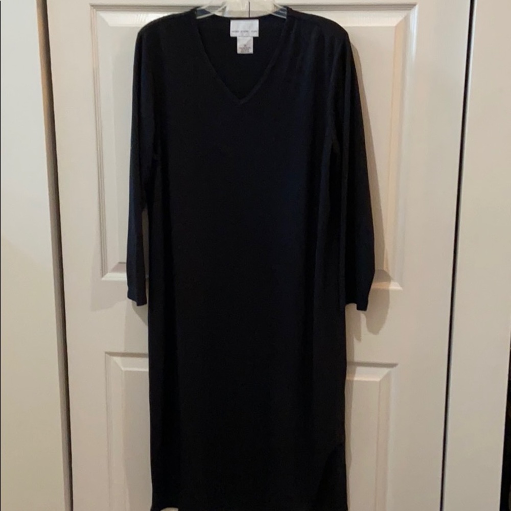 Long black long sleeve soft knit dress with a side split